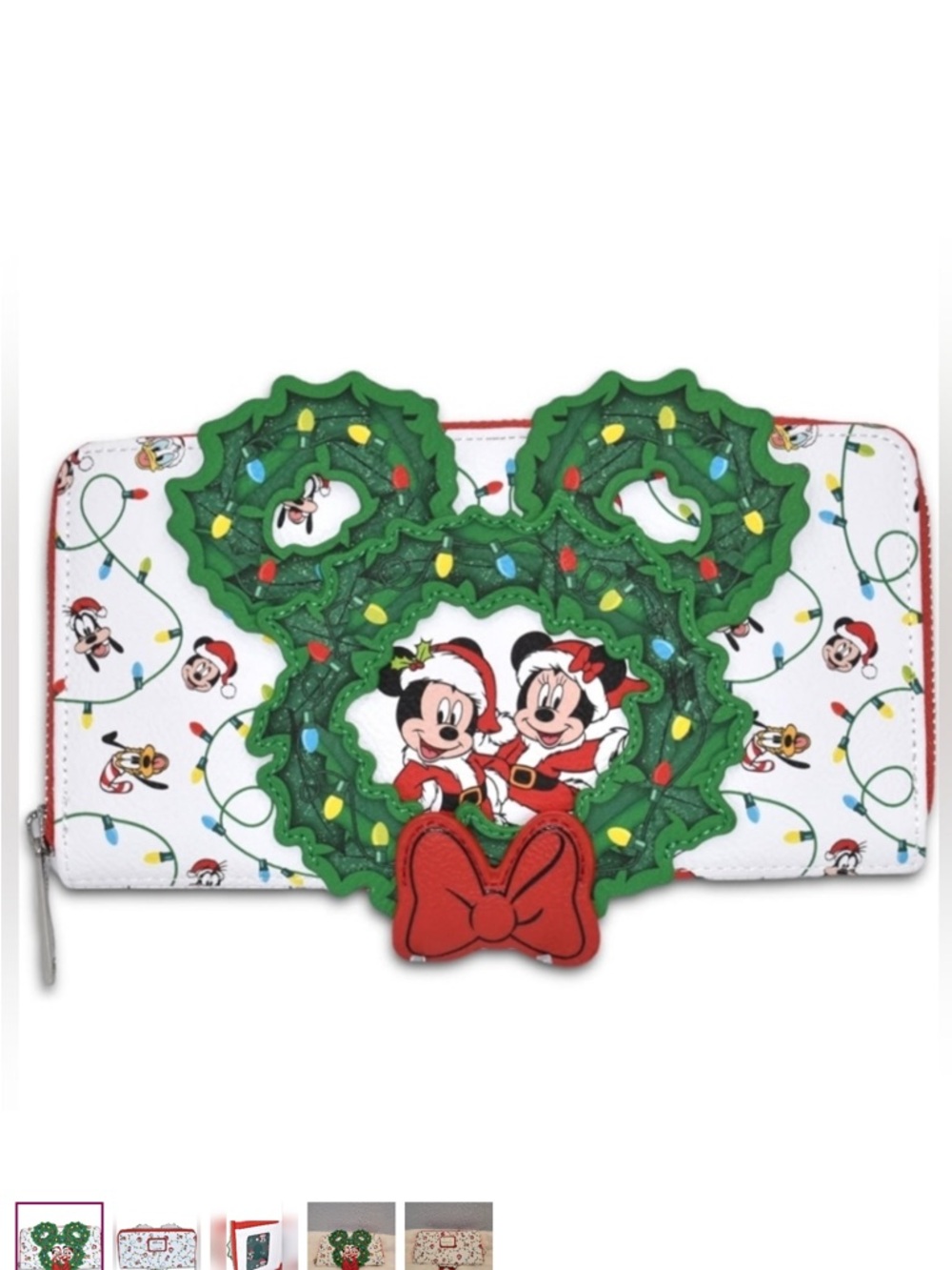 Disney Holiday Mickey & Minnie Wreath Zip Wallet - White/Green/Red
